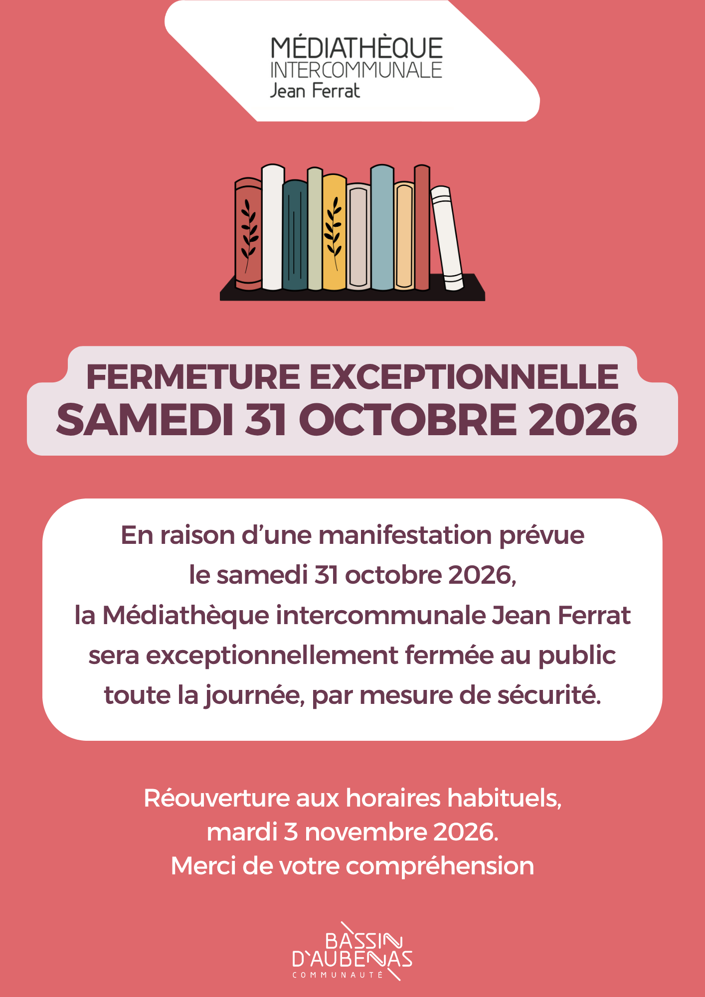 Fermeture exceptionnelle de la médiathèque intercommunale samedi 31 octobre 2026