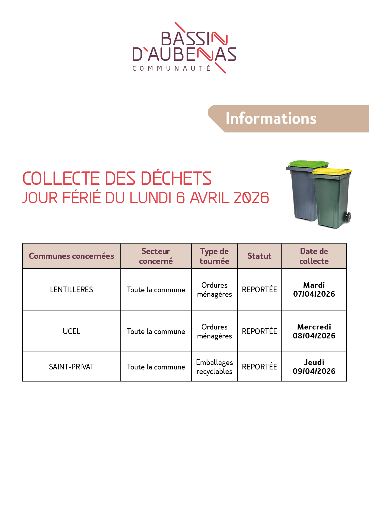 Rattrapage de la collecte des déchets le lundi 6 avril 2026 journée fériée