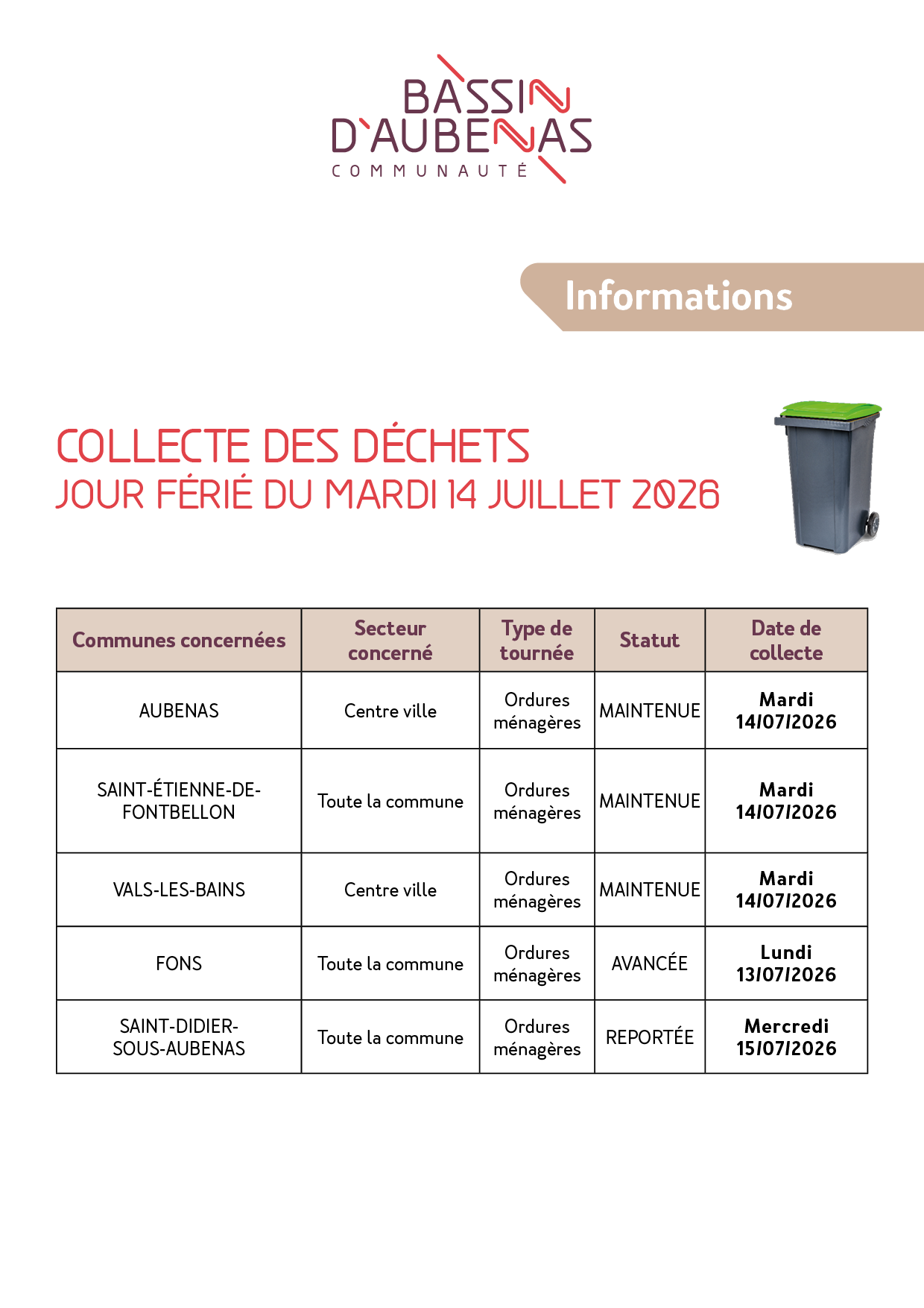 Collecte des déchets du bassin d'Aubenas le 14 juillet 2026