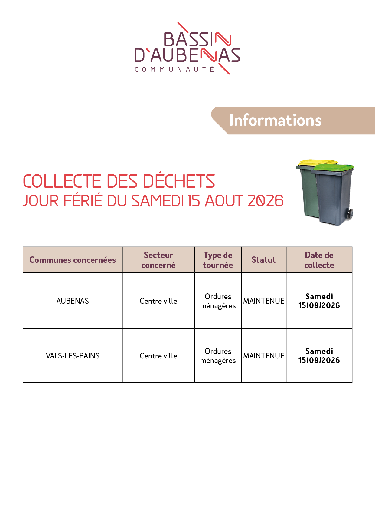 Collecte des déchets du samedi 15 aout 2026 jour férié