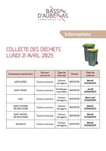 Rattrapage de la collecte des déchets du lundi 21 avril 2025