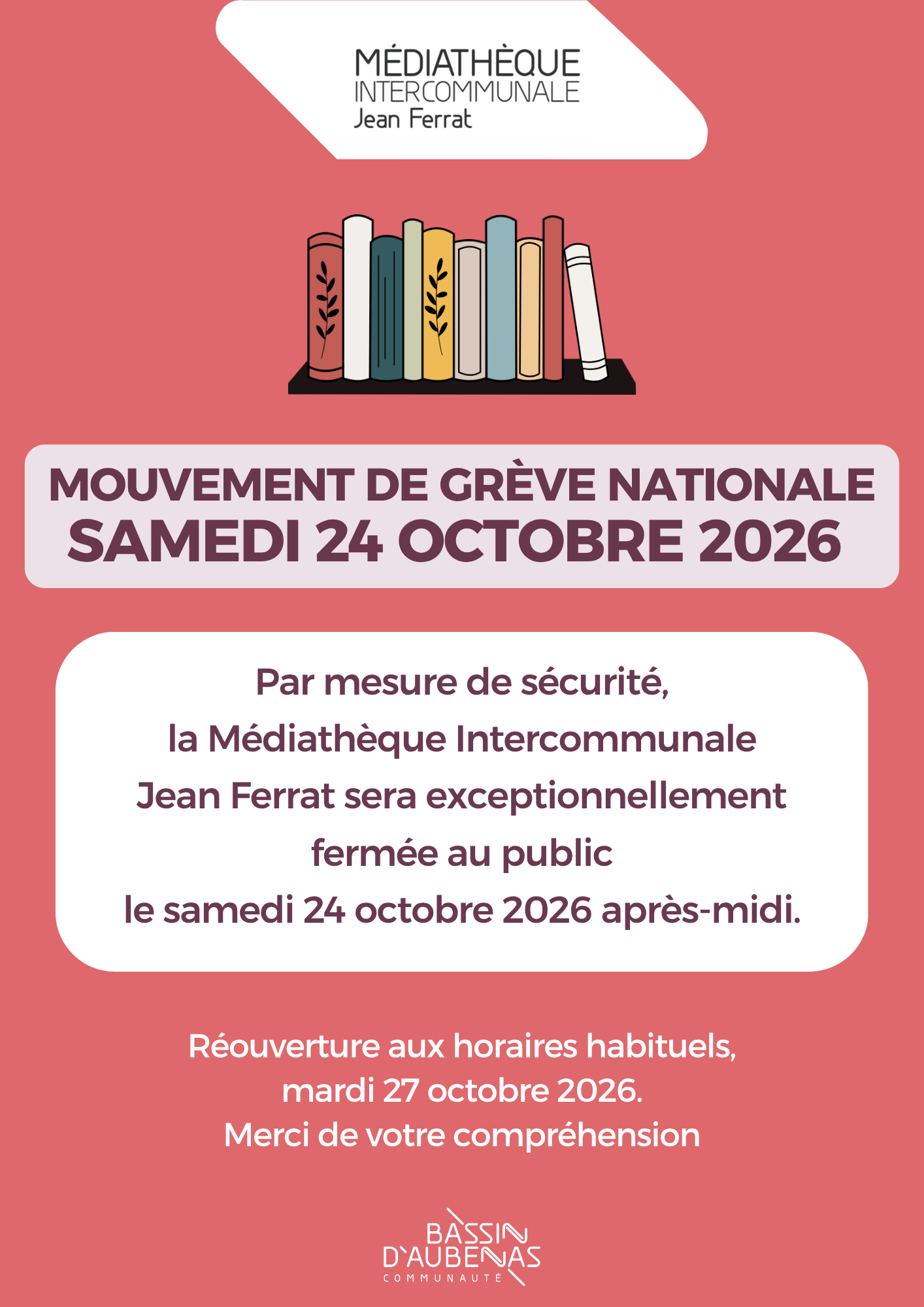 Fermeture exceptionnelle de la médiathèque intercommunale samedi 24 octobre 2026 après-midi