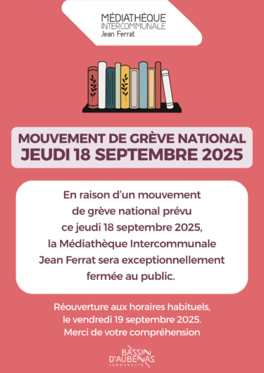 Mouvement de grève national du 18/09/2025 : la Médiathèque Intercommunale exceptionnellement fermée