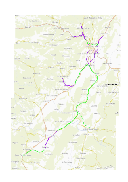 Carte représentant le tracé de la via ardèche