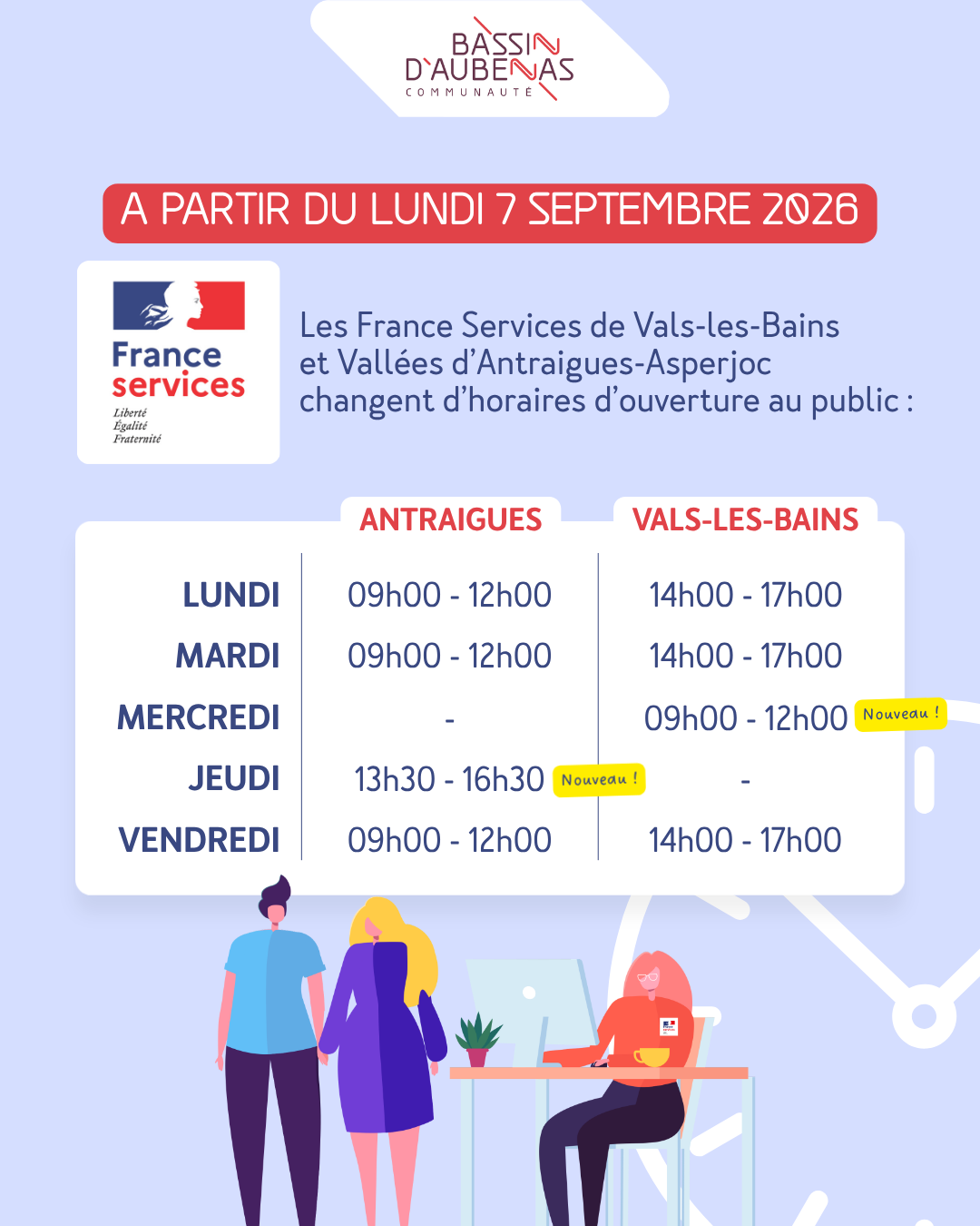 Évolution des horaires France Services de Vals-les-Bains et Antraigues