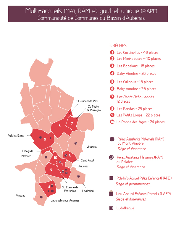 Carte des Crèches multi-accueils, Relais Assistants Maternels et Guichet Unique (PIAPE) du Bassin d'Aubenas