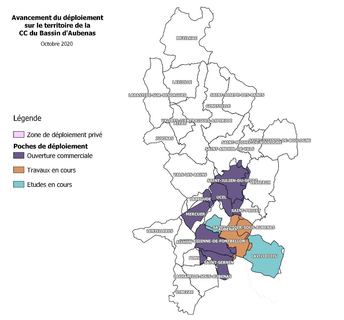 Carte du déploiement de la fibre sur le bassin d'Aubenas - octobre 2020